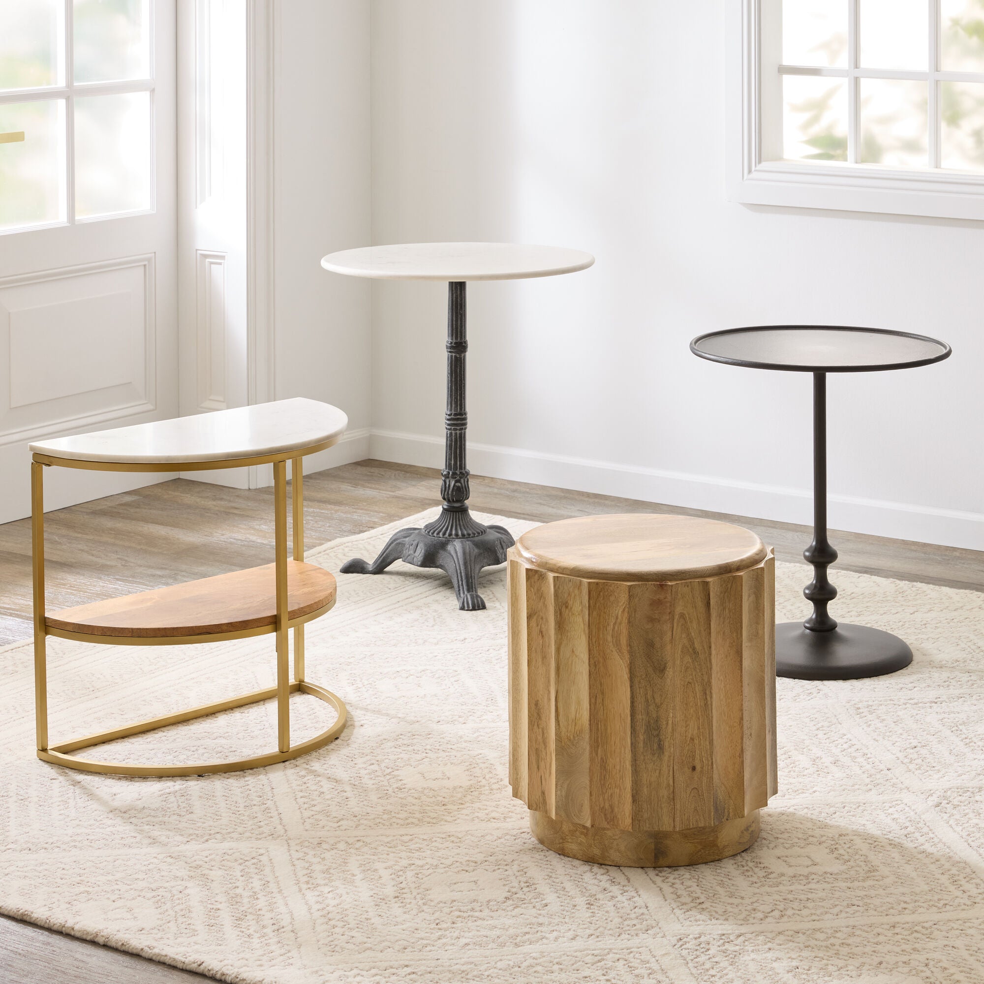 Round White Marble and Black Metal Bistro Side Table